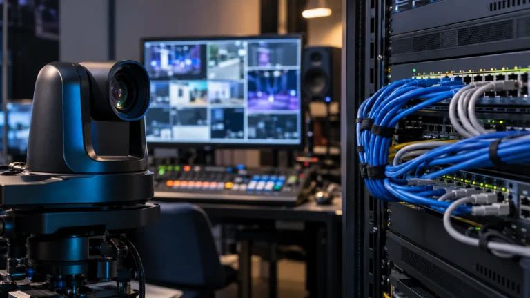 Cámara PTZ en primer plano junto a un rack de switches con latiguillos de red y un multivisor en una sala de control de vídeo sobre IP