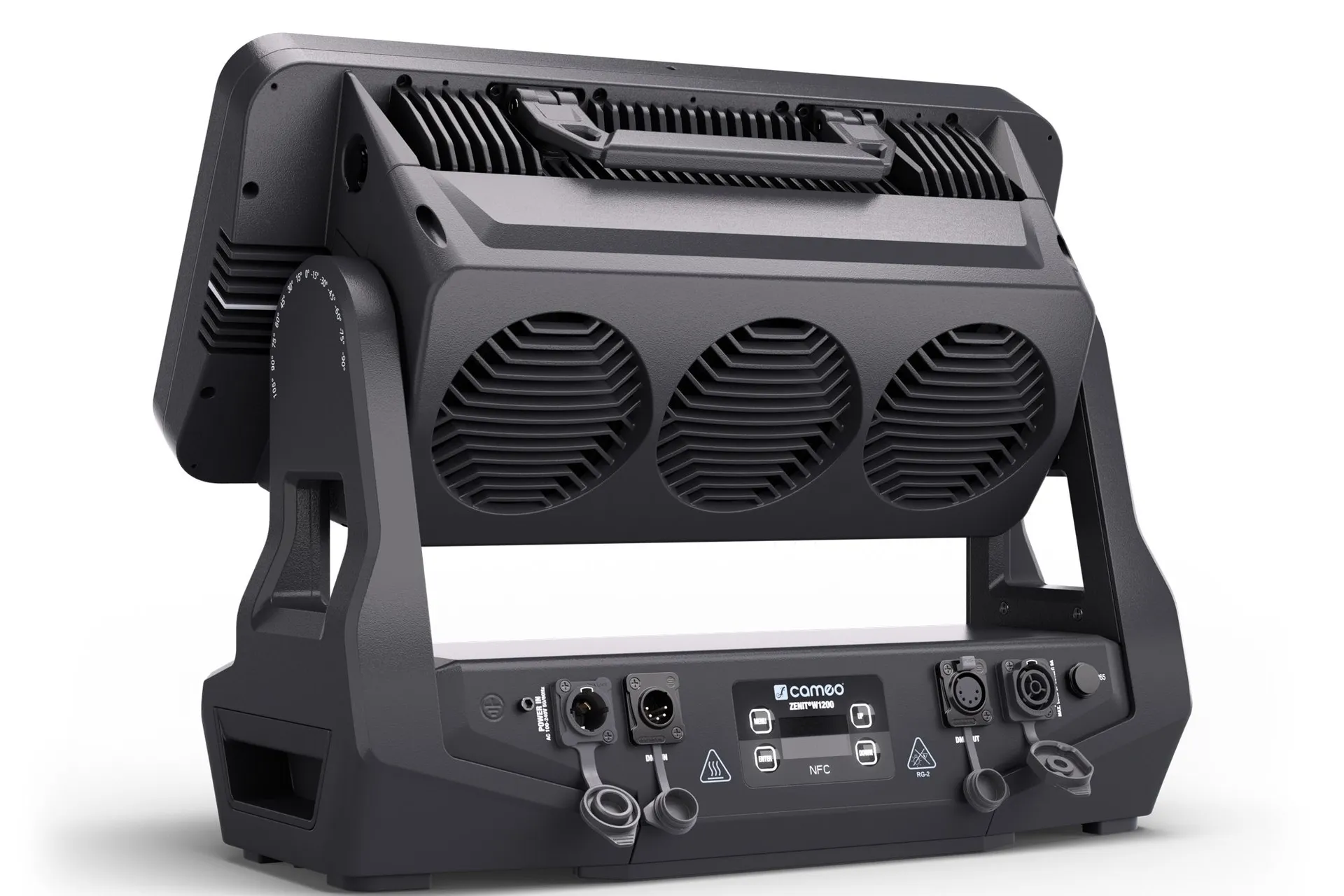 Parte trasera del Cameo ZENIT W1200 G2 con tres ventiladores, panel de control con lectura NFC y conectores de datos y alimentación con tapas estancas