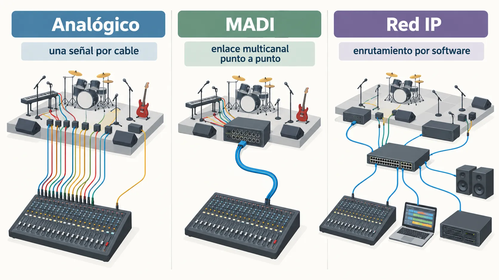 Qué es el protocolo Dante y cómo funciona el audio en red 3 Comparativa ilustrada entre cableado analógico con una señal por cable, enlace MADI multicanal punto a punto y red IP con enrutamiento por software