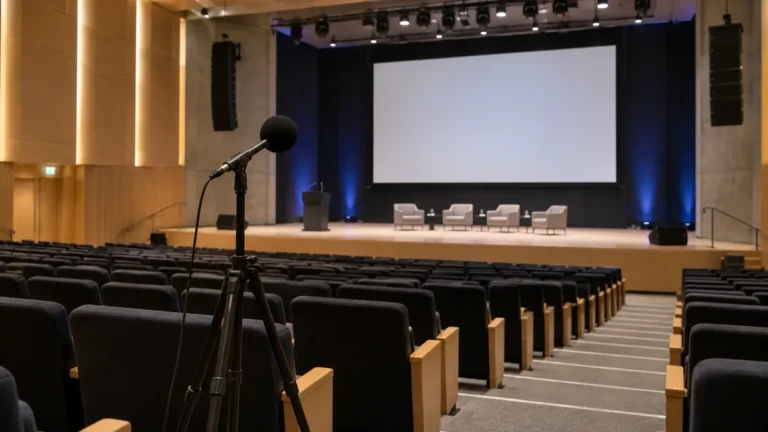Micrófono de medición acústica sobre trípode en un auditorio durante la evaluación de la inteligibilidad de la palabra