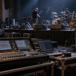 Mesa de mezclas digital y portátil en el control de sonido durante la prueba de sonido, con stagebox y cableado junto al escenario