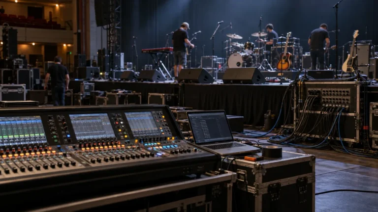Mesa de mezclas digital y portátil en el control de sonido durante la prueba de sonido, con stagebox y cableado junto al escenario