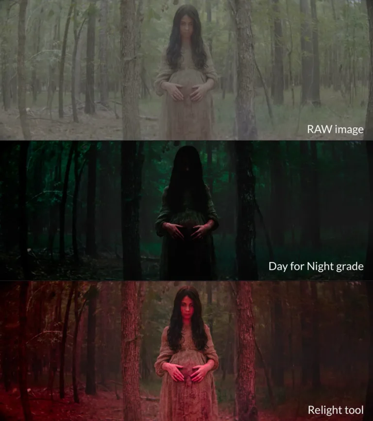 Comparativa de un plano de Mile 666 con la imagen original, el etalonaje de noche americana y el efecto Relight en DaVinci Resolve Studio