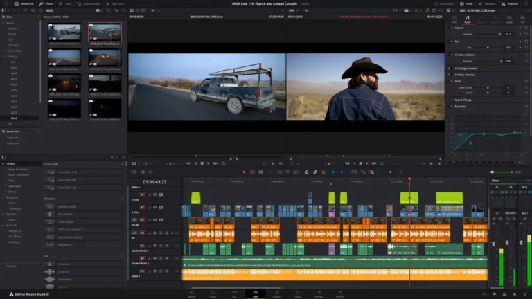 Página Edit de DaVinci Resolve Studio 21 con línea de tiempo multipista y mezclador de audio