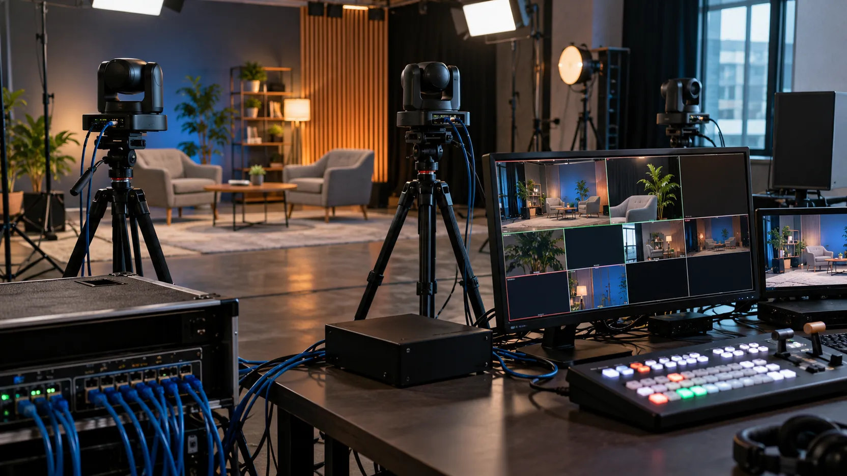 Qué es el protocolo NDI y cómo funciona el vídeo sobre IP 2 Plató con tres cámaras PTZ en trípode conectadas por cable de red, un multivisor con sus señales y una superficie de mezcla de vídeo en primer plano