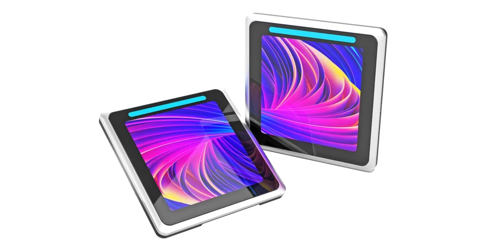 Paneles Qbic de reserva de salas y puestos de trabajo 4 Dos paneles Qbic TD-0360 BookBuddy de 3,6 pulgadas para reserva de puestos de trabajo, con barra LED de estado