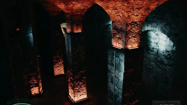 Vaulted stone gallery in the Roquefort Société cellars with pillars uplit by Cameo linear fixtures